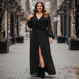 Unique Vintage Maxi Dress Gold Polka Dot Open Slit Long Sleeve Holiday Gown 3X